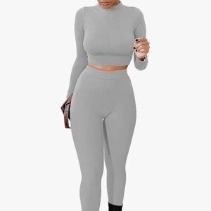 Women's Grey 2 Piece Outfits Long Sleeve Crop Top Pants Set NWT Sz XL